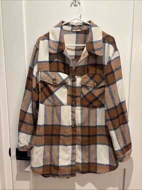 Kori Brown White & Blue Plaid Shacket